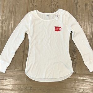 Old Navy Waffle Knit White Long Sleeve Tee with Red Mug Design